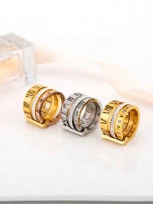 1 件男士奢华不锈钢 18k 镀金戒指，带水钻和镂空罗马数字三环关节设计，理想的生日礼物 - 金黃色 - 查看 4