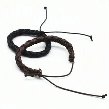 1pc Men's Simple Handmade Braided Leather Bracelet - Black - View 5