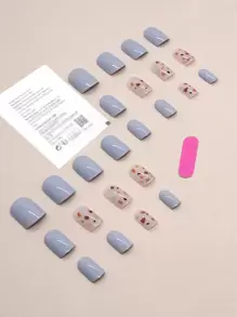24pcs/Set Short Square Minimalist Style Printed False Nails Including 1pc Nail File And 1pc Jelly Gel Press On Nails Nail Supplies - Baby Blue - View 2