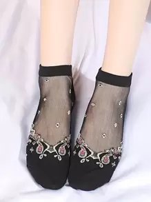 5pairs Women's Breathable Sheer Glass Silk Jacquard Short Socks In Black - Black - View 4
