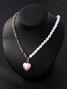 New Arrival High-End Design Half Pearl Chain & Heart Pendant Necklace - Multicolor - View 5