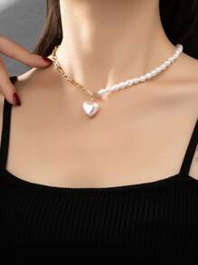 New Arrival High-End Design Half Pearl Chain & Heart Pendant Necklace - Multicolor - View 1