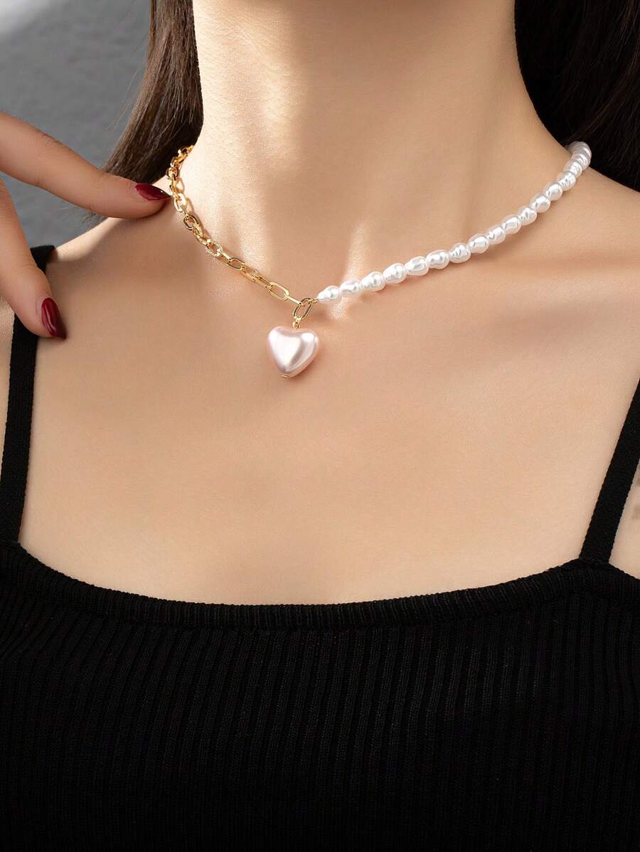 New Arrival High-End Design Half Pearl Chain & Heart Pendant Necklace - Multicolor - View 1