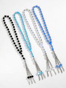 1 件簡約設計彩色流蘇裝飾黑色圓盤形狀手工串珠手鍊,念珠,禮物（流蘇顏色隨機） - 黑色圓片-36cm - 查看 3