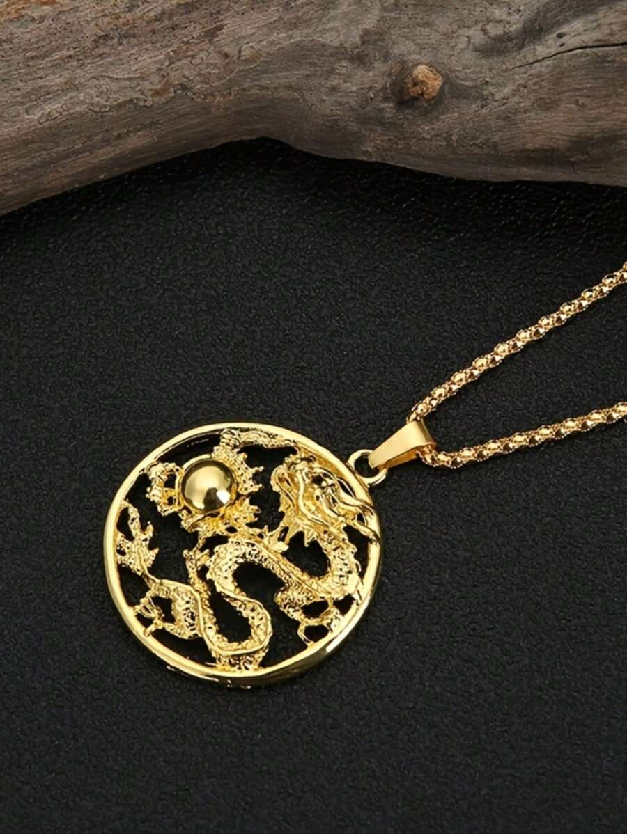 1 件復古時尚金色鏤空十二生肖龍吊墜項鍊適合男士日常佩戴 - 金色 - 查看 1