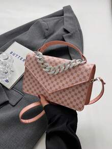 女士簡約時尚純色馬鞍包,配有縫合和鏈條裝飾 - 彩色 - 查看 1