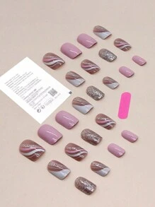 24pcs Short Square Shaped Cartoon Pattern False Nails With 1 Nail File And 1piece Of Jelly Gel Press On Nails Nail Supplies - Multicolor - View 2