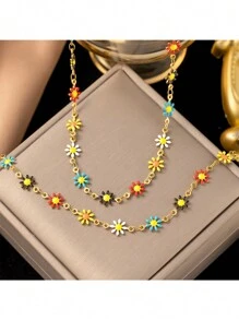1 件套女用黃色菊花串珠項鍊和手鍊套裝,時尚青春風格,配有不銹鋼金屬鎖骨鏈,非常適合日常佩戴和旅行 - 金黃色 - 查看 1