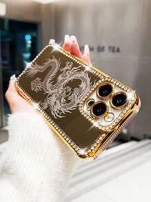 苹果 1 件金色水钻镜面电镀激光雕刻龙纹手机壳 适用于 iPhone - 金色 - 查看 4