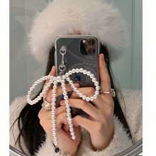 韓國ins博主風格不尋常設計時尚大珍珠蝴蝶結珍珠裝飾手機吊飾鑰匙扣 - 白色珍珠蝴蝶結掛件 - 查看 2