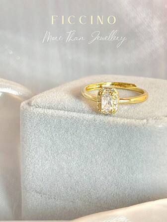  Anillo Rectangular De Cúbico Chapado En Oro De Ficcino, Tamaño Ajustable, Regalo Diario/aniversario Con Caja De Joyería