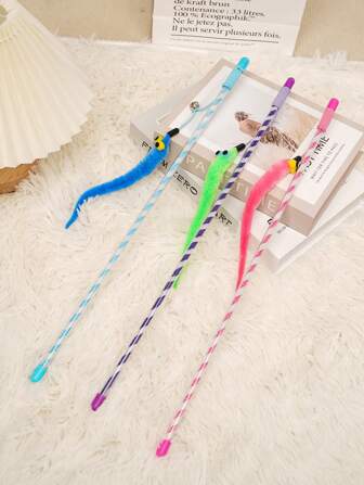 1pc Random Color Cat Toy Plush Stick Bell Or Three Striped Toy Or Caterpillar Teaser Interactive Toy For Pets