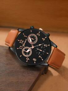 1pc Quartz Watch & 3pcs Bracelets Boy's Watch Set, Ideal Gift Choice - Brown - View 2