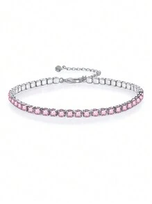 1pc Dark Blue Cubic Zirconia Round Tennis Chain 925 Sterling Silver Bracelet, Elegant Women Luxury Wedding Banquet Festival Jewelry Accessory Gift