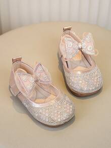 女孩春秋新款粉色水晶公主鞋,軟底鑲嵌鑽石皮革鞋,小女孩舞臺表演水晶鞋 - 粉色 - 查看 3
