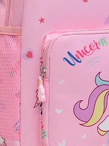 1 件时尚可爱独角兽图案尼龙材料可调节肩带拉链闭合儿童背包适合女孩适合日常外出适合返校适合旅行 - 粉色 - 查看 8