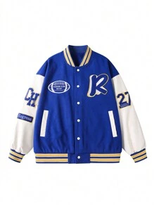 男士字母印花彩塊戶外棒球夾克 - 藍色 - 查看 1