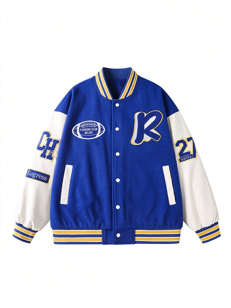 男士字母印花彩塊戶外棒球夾克 - 藍色 - 查看 1