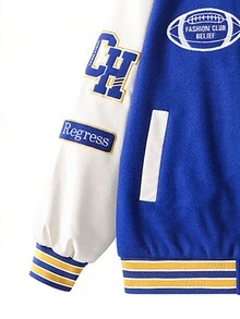 男士字母印花彩塊戶外棒球夾克 - 藍色 - 查看 4