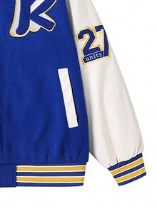 男士字母印花彩塊戶外棒球夾克 - 藍色 - 查看 3