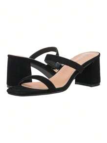 Women's Minimalist Chunky Heeled Mule Sandals Fashionable Elegant  Heeled Sandals Block Heel Square Toe Heeled Sandal Summer Shoes - 黑色絨面革 - 查看 4