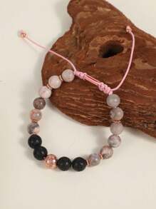 火山岩编织弹性单/双排红玛瑙串珠手链，适合姐妹、母亲、祖母 - 彩色 - 查看 2