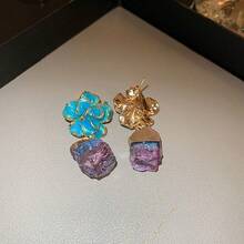 1 对 925 银针镶钻油滴花和巴洛克复古不对称宝石吊坠耳环，罕见别致奢华耳环，适合女性日常佩戴、节日礼物 - 彩色 - 查看 9