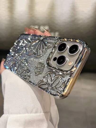 Glitter Electroplated Vintage Personalized Hollow 3D Floral Shock-Proof TPU Dopamine Case Compatible With IPhone 11, IPhone 13, IPhone 14, IPhone 14 Pro Max, IPhone 15, IPhone 15 Pro, IPhone 15 Plus, IPhone 15 Pro Max, IPhone 16, IPhone 16 Pro, IPhone 16 Plus, IPhone 16 Pro Max, IPhone 17, IPhone 17 Pro, IPhone 17 Air, IPhone 17 Pro Max