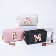 簡約風格字母刺繡化妝包防水化妝包旅行便攜收納小化妝包字母印花化妝包情人節禮物pu皮革 - 黑色 - 查看 1