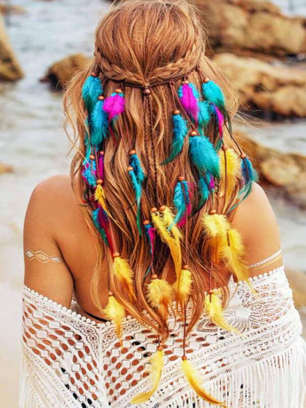 Bohemian Feather Headband Hair Band Women's Long Feather Hair Accessory Boho Carnival Mardi Gras Turban Headband Sweatband