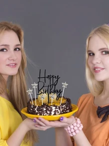 6pcs/Set Black Acrylic Happy Birthday Cake Topper, 5pcs Silver Star Paper Cupcake Toppers, Suitable For Birthday Party And Holiday Decoration