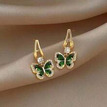 1pair Fashionable Green Butterfly Shaped Earrings Made Of Artificial Crystal, Valentine's Day Gift For Girls To Decorate Ears - Green - View 3