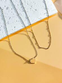 2入組/件簡約時尚304不銹鋼14k金雙層心形&圓形紋理吊墜項鍊,適合女性日常穿著和聚會,珠寶禮物 - 心/2pcs - 查看 6