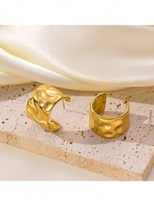 1pair Golden Color Stainless Steel Geometric Exaggerated Dangle Earrings, Fashion Design With High-End Metal Stud, Suitable For Daily Activity Matching - Yellow Gold - View 4