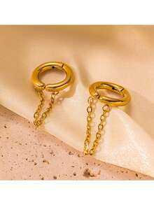1pair Golden Color Stainless Steel Geometric Exaggerated Dangle Earrings, Fashion Design With High-End Metal Stud, Suitable For Daily Activity Matching - Yellow Gold - View 10