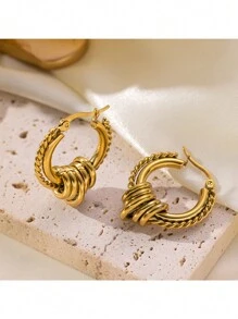 1pair Golden Color Stainless Steel Geometric Exaggerated Dangle Earrings, Fashion Design With High-End Metal Stud, Suitable For Daily Activity Matching - Yellow Gold - View 6