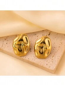 1pair Golden Color Stainless Steel Geometric Exaggerated Dangle Earrings, Fashion Design With High-End Metal Stud, Suitable For Daily Activity Matching - Yellow Gold - View 9