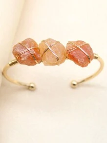 1入自然療癒石頭金色合金鍍銅電線包覆的自然石手鐲寶石手鐲脈輪能量女士手鐲珠寶飾品