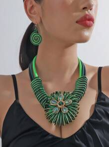 3pcs Leather Chain Metal Wrapped Flower Cutout Statement Boho Style Jewelry Set For Women - Multicolor - View 1