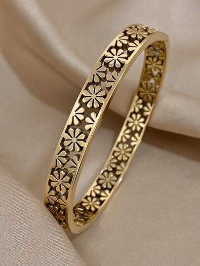 1 件女士镂空花朵手链青少年女孩金色不锈钢袖口手链日常派对情人节珠宝礼物情人