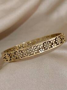 1 件女士镂空花朵手链青少年女孩金色不锈钢袖口手链日常派对情人节珠宝礼物情人 - 金黃色 - 查看 3