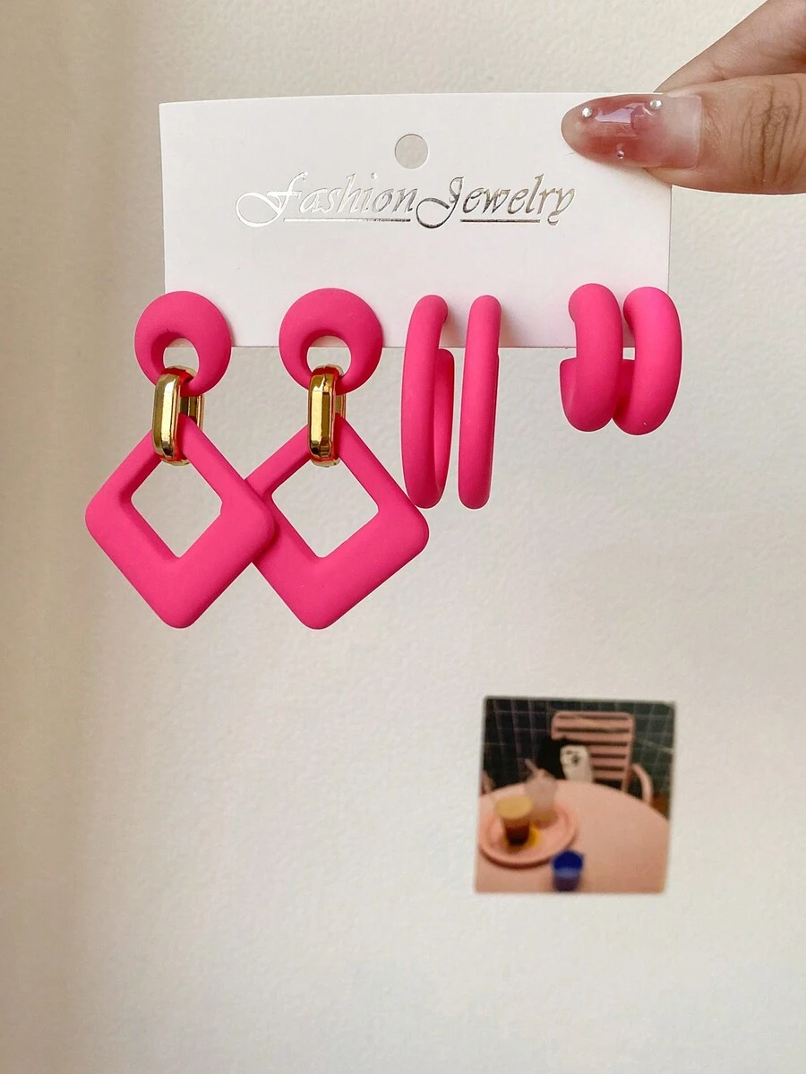 1套 3對經典創意混合設計帶扣細節的勾型耳環,多功能休閒c形圈耳環套裝 - 彩色 - 查看 1