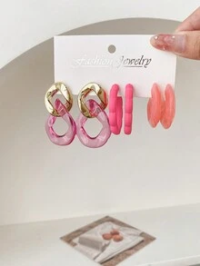1套 3對經典創意混合設計帶扣細節的勾型耳環,多功能休閒c形圈耳環套裝 - 彩色 - 查看 4