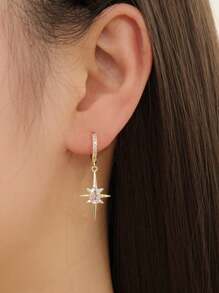 橢圓形鋯石八角星吊環耳環,復古風格帶備幸運的星形耳墜,適用於女性 - 六芒星耳環 - 查看 3