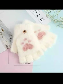 1双幼儿男女通用猫爪爱心图案保暖半指毛绒手套，适合秋冬季户外佩戴 - 白色 - 查看 11