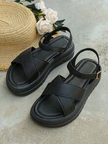 Women's Strap Round-Toe Thick Soled Sandals, Simple And Casual, Comfortable And Slip-Resistant, Black - Black - View 5