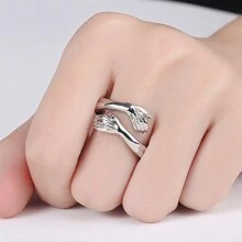 1pc Adjustable Hug Hands Ring With Opening - Silver - View 1