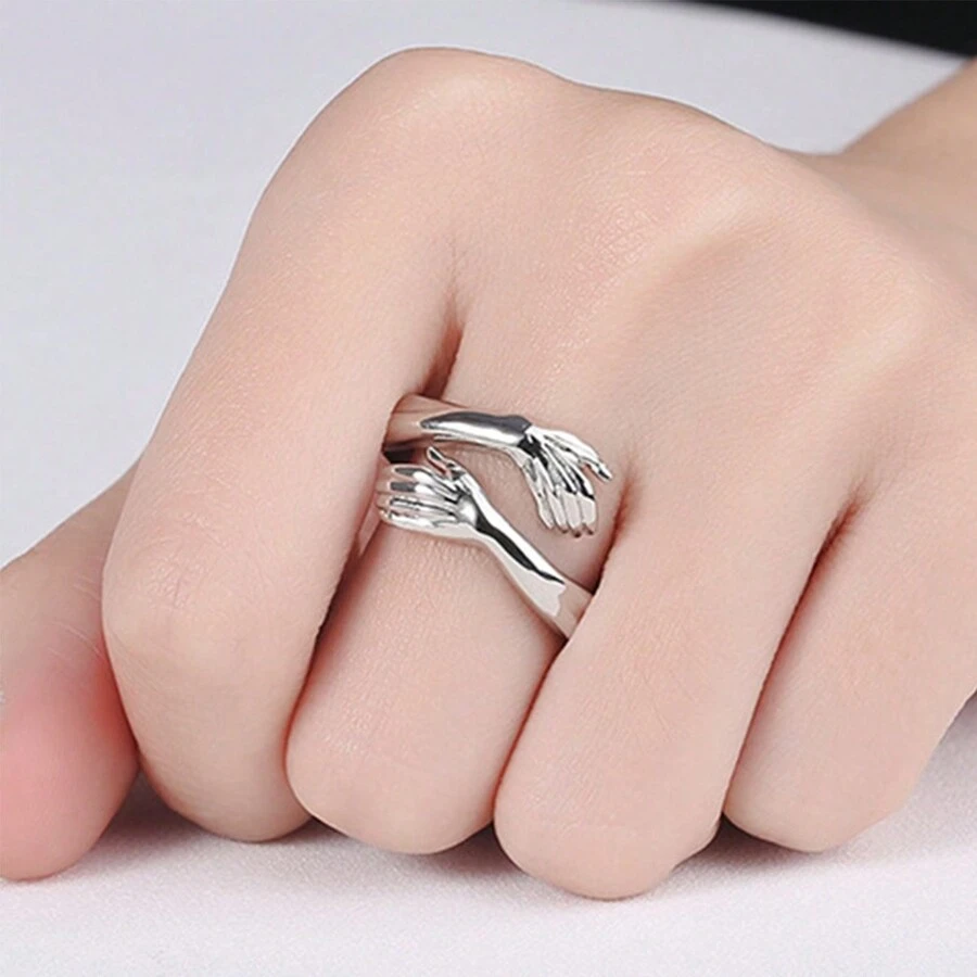 1pc Adjustable Hug Hands Ring With Opening - Silver - View 1