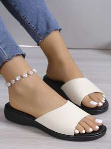 2023 年新款大码休闲坡跟纯色平底露趾一脚蹬沙滩女式凉鞋 - 白色 - 查看 1