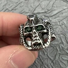 1pc New Arrival Vintage Thai Silver Skull Shaped Ring, Men's Adjustable And Open Design Personalized Ring - Green - View 1